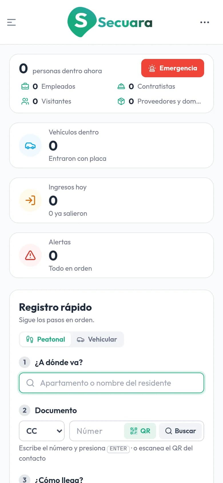 Pantalla de operación de portería de Secuara en un celular